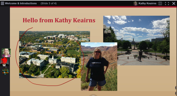 Screenshot of Voicethread with picture of Kathy, University of Iowa buildings and downtown Denver